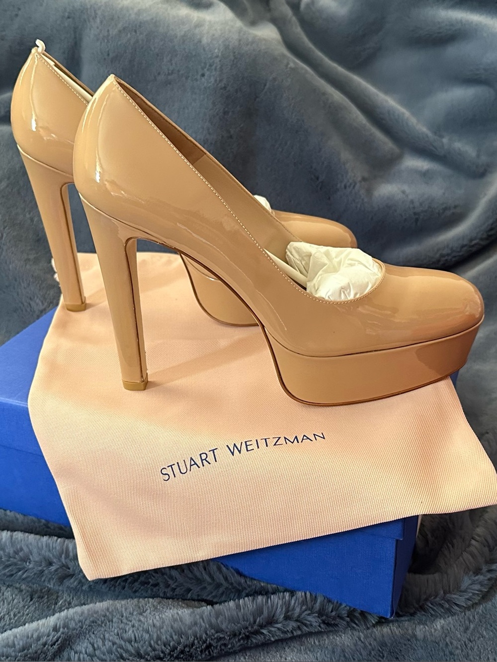 Stuart Weitzman Patent Nude Platform Pumps